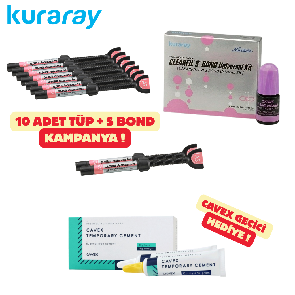 HAFTANIN ÜRÜNÜ !!! KURARAY Kompozit Set  ( S3 Bond Universal + 10 Adet Kuraray PErformance Pro ) + Cavex Geçici HEDİYE