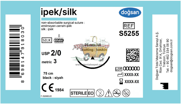 DOGSAN Ipek 2/0 25 3/8 Keskin 75cm Ipek Emilemeyen Sutur 12 Ad./Pkt