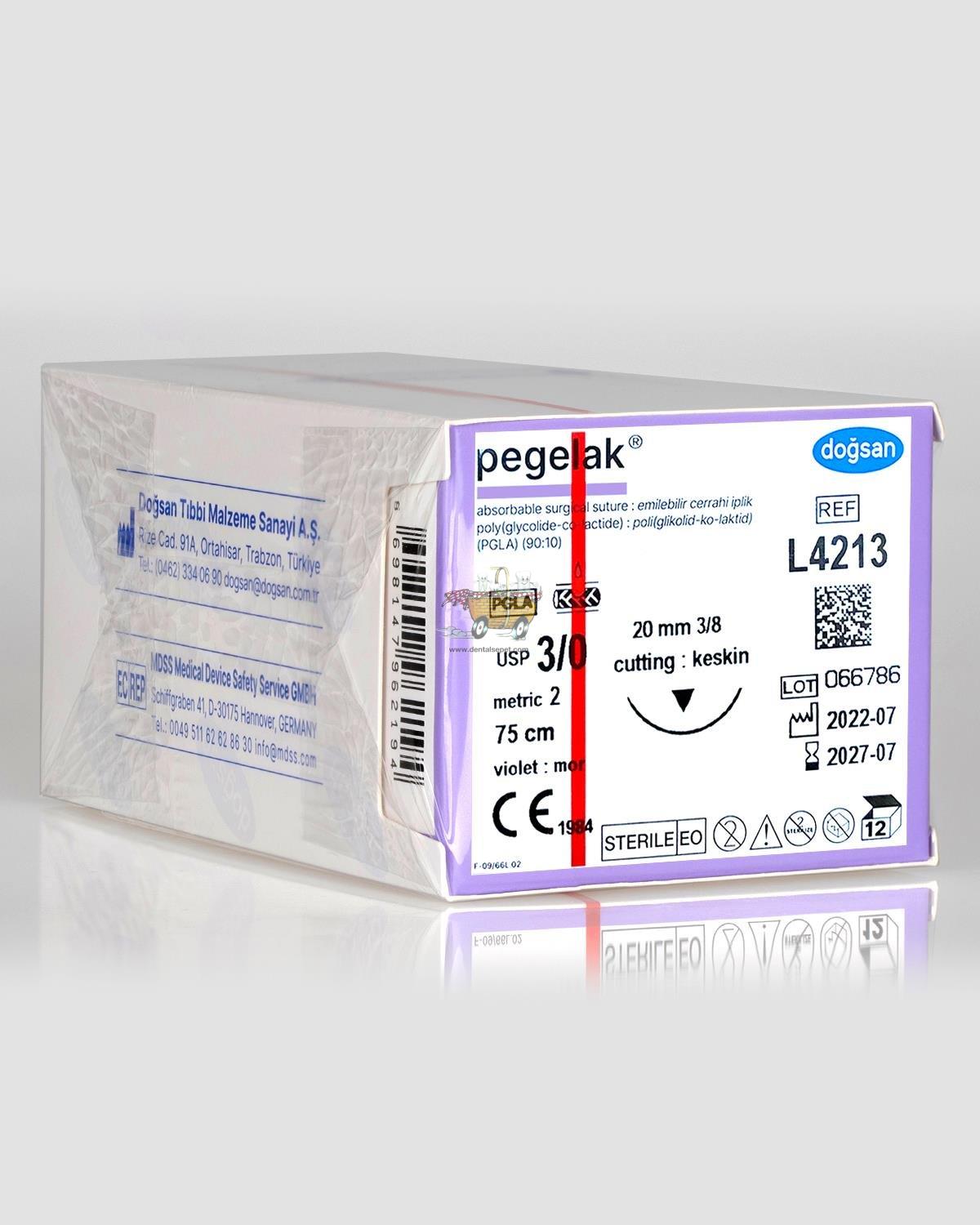 DOGSAN Pegelak 3/0 20 3/8 Asagi Keskin 75cm PGLA Emilebilir Sutur 12 Ad./Pkt