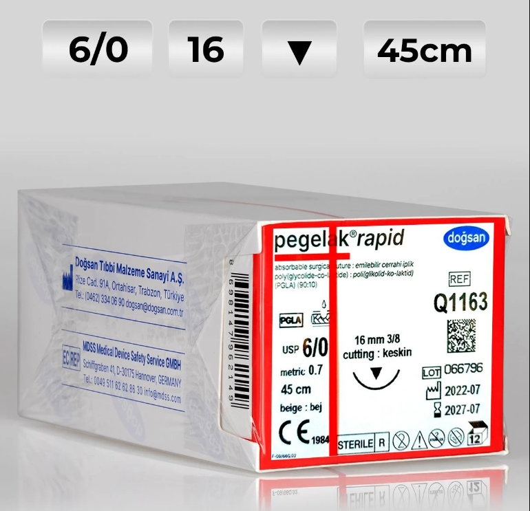 DOGSAN Pegelak Rapid 6/0 16 1/2 Ters Keskin 45cm PGLA Emilebilir Sutur 12 Ad./Pkt