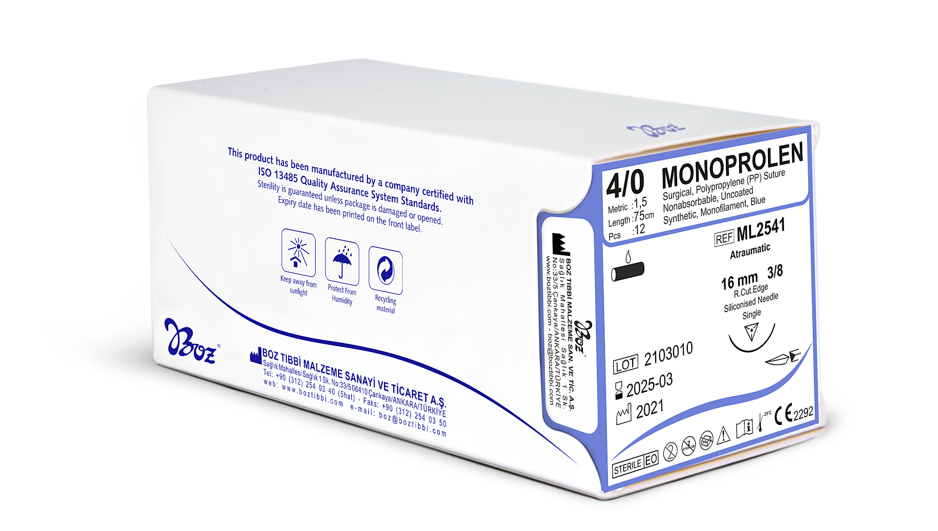 BOZ 4/0 MONOPROLEN Polipropilen Esasli Emilmeyen Monoflament Cerrahi Sutur 16 mm 3/8 Asagi Keskin 75 cm MAVI