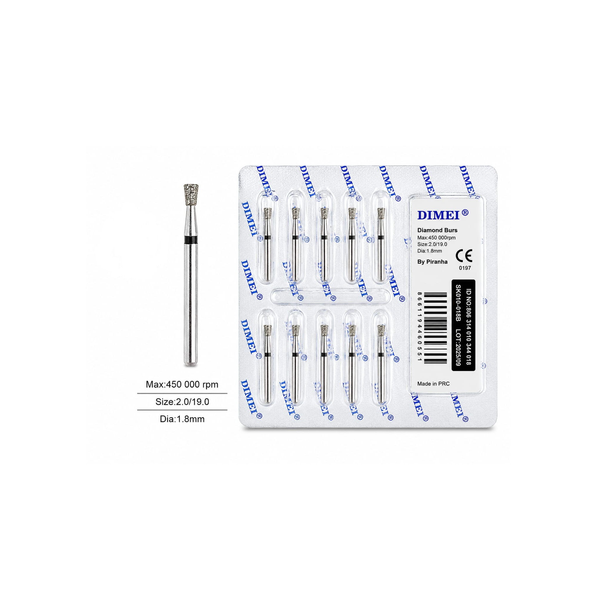 DIMEI Diamond Burs Elmas Frez 2.0 mm / 18. mm - 450.000 RPM (10'lu Paket)