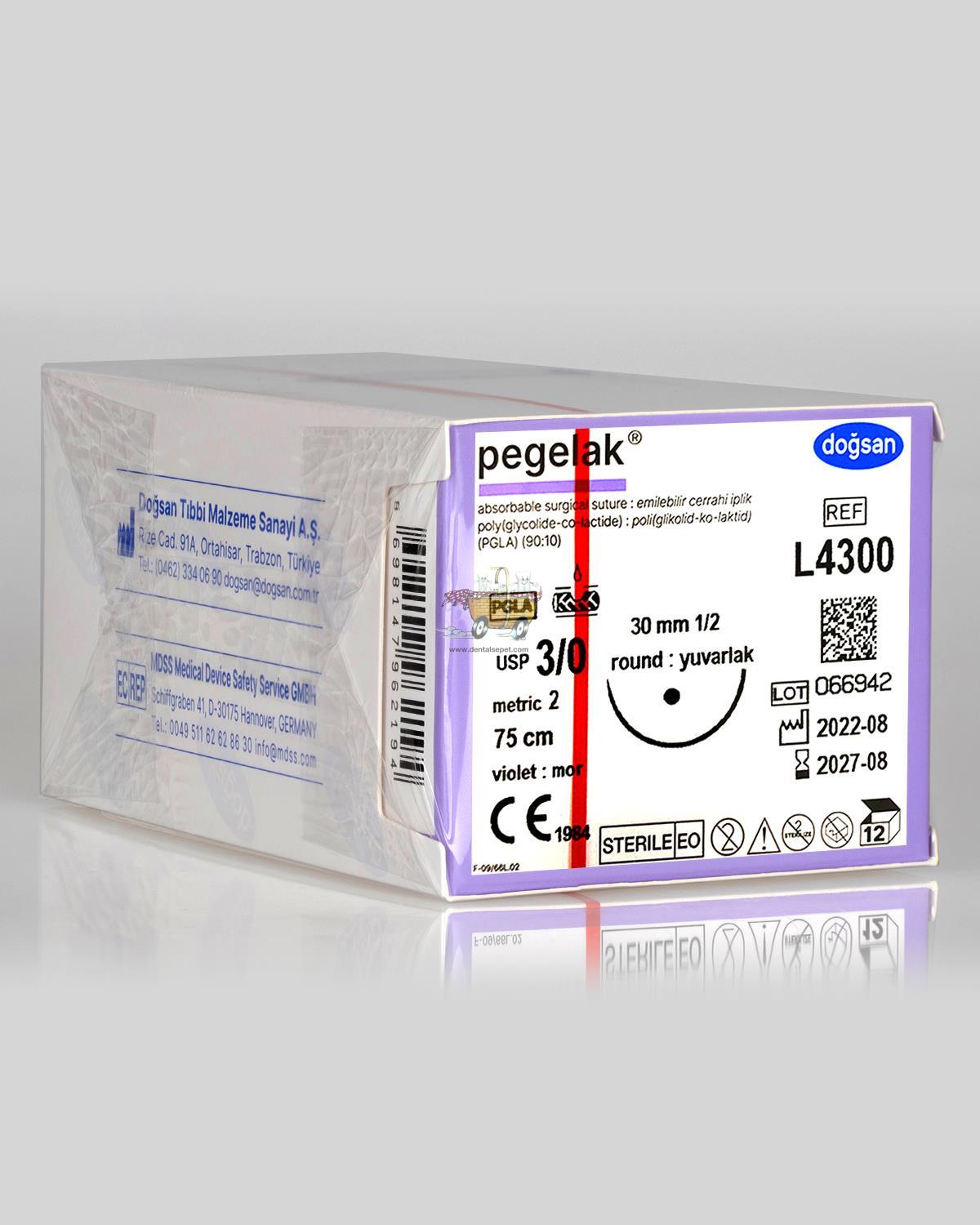 DOGSAN Pegelak 3/0 30 mm 1/2 Yuvarlak 75cm PGLA Emilebilir Sutur 12 Ad./Pkt