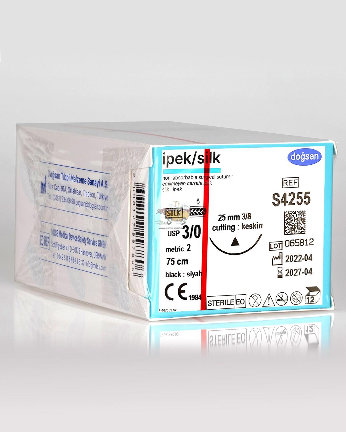 DOGSAN Ipek 3/0 25 3/8 Keskin 75cm Ipek Emilemeyen Sutur 12 Ad./Pkt