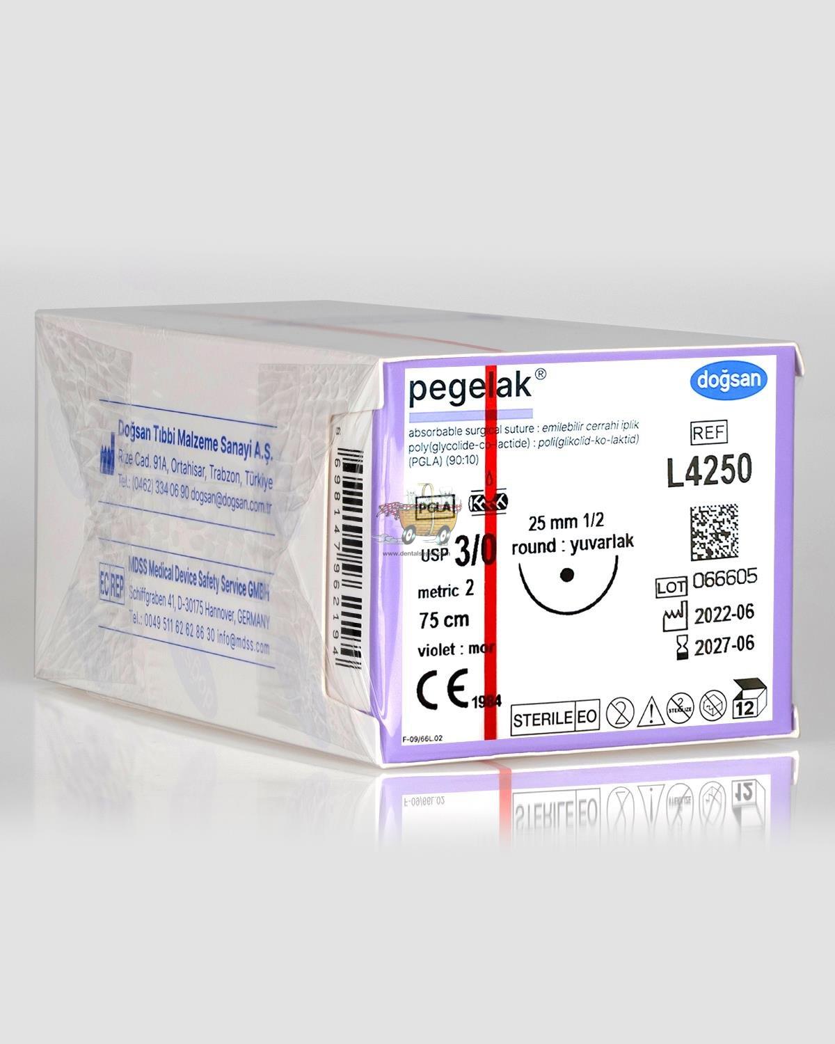DOGSAN Pegelak 3/0 25 1/2 Yuvarlak 75cm PGLA Emilebilir Sutur 12 Ad./Pkt