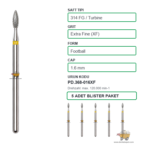 PRIMA DENTAL İngiltere - Aeratör İçin Sarı Kuşaklı Elmas Labut Armut Uçlu Frez 368-016XF 1.6 mm 5'li