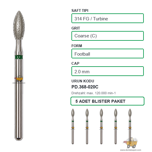 PRIMA DENTAL İngiltere - Aeratör İçin Yeşil Kuşaklı Elmas Labut Armut Uçlu Frez 368-020C 2.0 mm 5'li