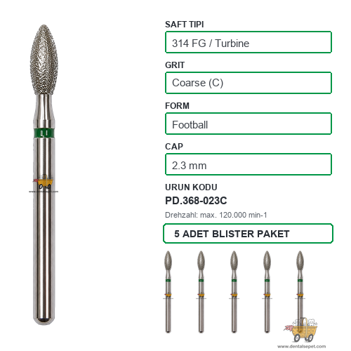 PRIMA DENTAL İngiltere - Aeratör İçin Yeşil Kuşaklı Elmas Labut Armut Uçlu Frez 368-023C 2.3 mm 5'li