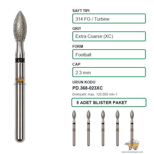 PRIMA DENTAL İngiltere - Aeratör İçin Siyah Kuşaklı Elmas Labut Armut Uçlu Frez 368-023XC 2.3 mm 5'li