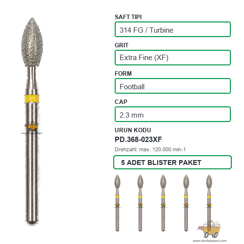PRIMA DENTAL İngiltere - Aeratör İçin Sarı Kuşaklı Elmas Labut Armut Uçlu Frez 368-023XF 2.3 mm 5'li