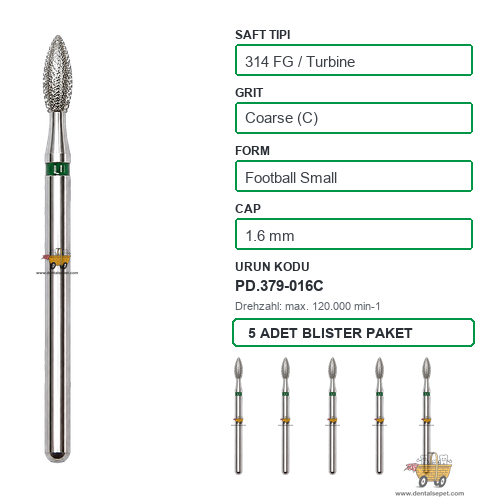PRIMA DENTAL İngiltere - Aeratör İçin Yeşil Kuşaklı Elmas Küçük Labut Armut Uçlu Frez 379-016C 1.6 mm 5'li