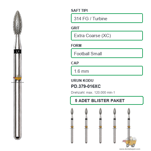 PRIMA DENTAL İngiltere - Aeratör İçin Siyah Kuşaklı Elmas Küçük Labut Armut Uçlu Frez 379-016XC 1.6 mm 5'li