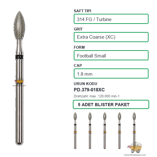 PRIMA DENTAL İngiltere - Aeratör İçin Siyah Kuşaklı Elmas Küçük Labut Armut Uçlu Frez 379-018XC 1.8 mm 5'li