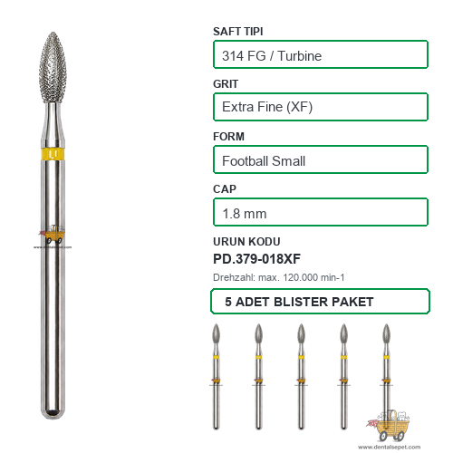 PRIMA DENTAL İngiltere - Aeratör İçin Sarı Kuşaklı Elmas Küçük Labut Armut Uçlu Frez 379-018XF 1.8 mm 5'li