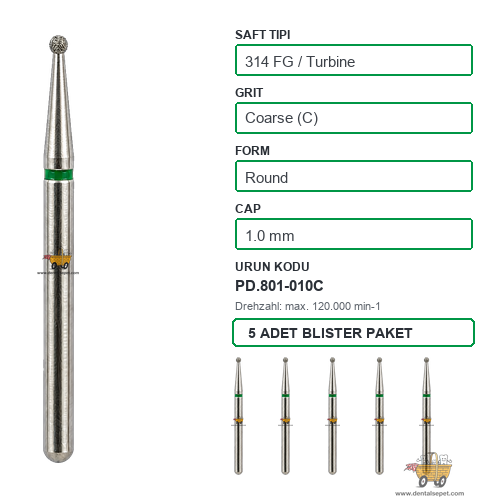 PRIMA DENTAL İngiltere - Aeratör İçin Yeşil Kuşaklı Elmas Rond Uçlu Frez 801-010C 1.0 mm 5'li