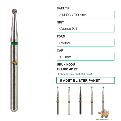PRIMA DENTAL İngiltere - Aeratör İçin Yeşil Kuşaklı Elmas Rond Uçlu Frez 801-012C 1.2 mm 5'li