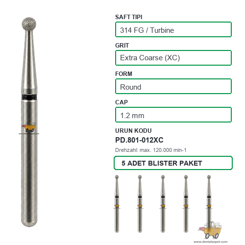 PRIMA DENTAL İngiltere - Aeratör İçin Siyah Kuşaklı Elmas Rond Uçlu Frez 801-012XC 1.2 mm 5'li