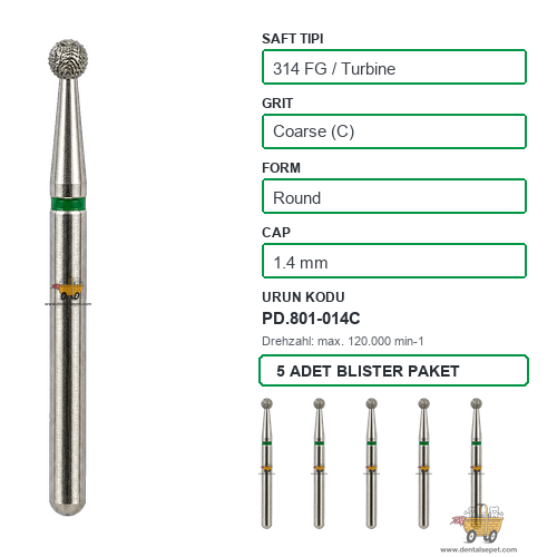 PRIMA DENTAL İngiltere - Aeratör İçin Yeşil Kuşaklı Elmas Rond Uçlu Frez 801-014C 1.4 mm 5'li