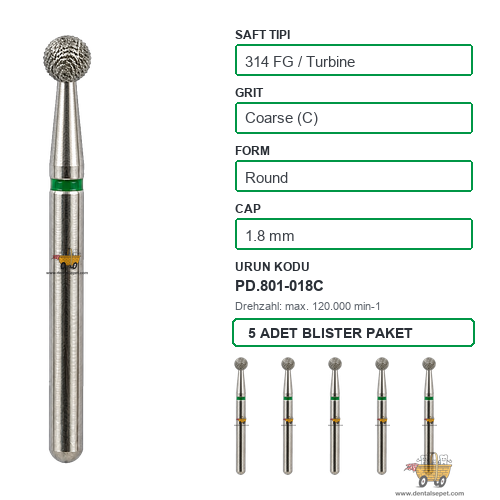 PRIMA DENTAL İngiltere - Aeratör İçin Yeşil Kuşaklı Elmas Rond Uçlu Frez 801-018C 1.8 mm 5'li