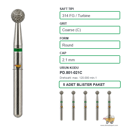 PRIMA DENTAL İngiltere - Aeratör İçin Yeşil Kuşaklı Elmas Rond Uçlu Frez 801-021C 2.1 mm 5'li