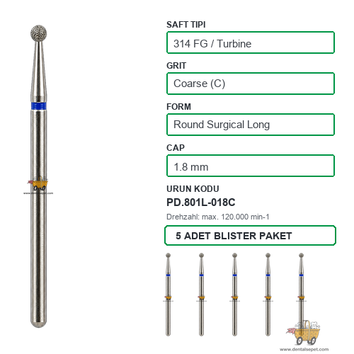 PRIMA DENTAL İngiltere - Aeratör İçin Yeşil Kuşaklı Elmas Uzun Rond Uçlu Cerrahi Frez 801L-018C 1.8 mm 5'li