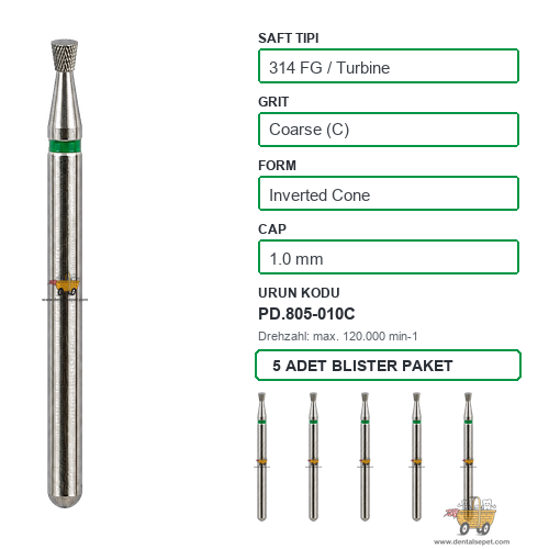 PRIMA DENTAL İngiltere - Aeratör İçin Yeşil Kuşaklı Elmas Ters Konik Uçlu Frez 805-010C 1.0 mm 5'li