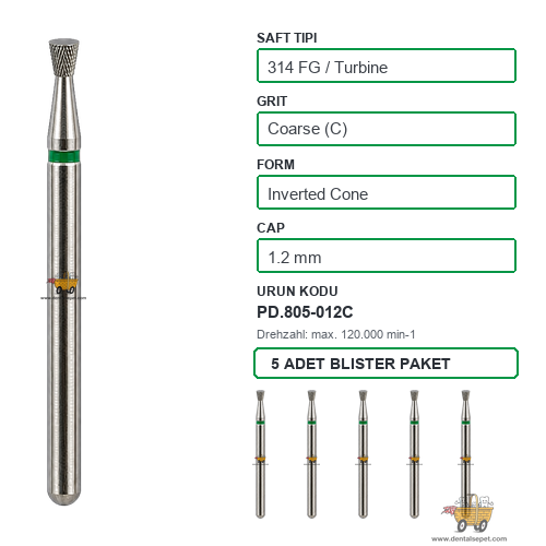 PRIMA DENTAL İngiltere - Aeratör İçin Yeşil Kuşaklı Elmas Ters Konik Uçlu Frez 805-012C 1.2 mm 5'li