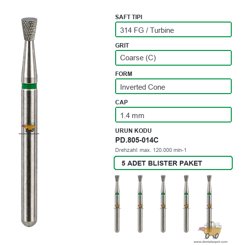 PRIMA DENTAL İngiltere - Aeratör İçin Yeşil Kuşaklı Elmas Ters Konik Uçlu Frez 805-014C 1.4 mm 5'li