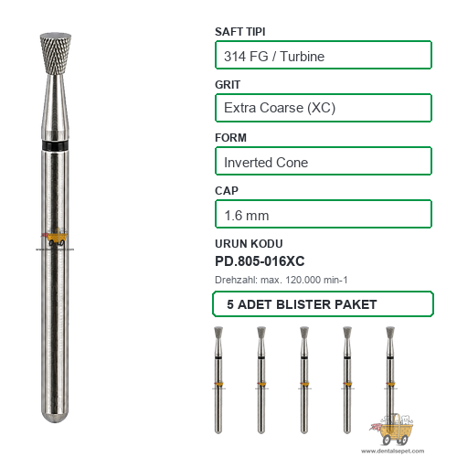 PRIMA DENTAL İngiltere - Aeratör İçin Siyah Kuşaklı Elmas Ters Konik Uçlu Frez 805-016XC 1.6 mm 5'li