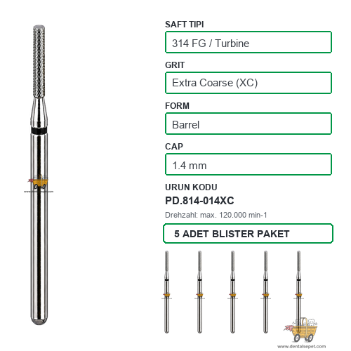PRIMA DENTAL İngiltere - Aeratör İçin Siyah Kuşaklı Elmas Varil Uçlu Frez 814-014XC 1.4 mm 5'li