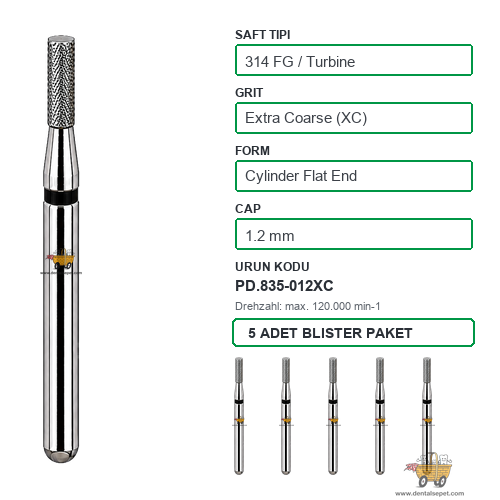 PRIMA DENTAL İngiltere - Aeratör İçin Siyah Kuşaklı Elmas Düz Uçlu Silindir Frez 835-012XC 1.2 mm 5'li