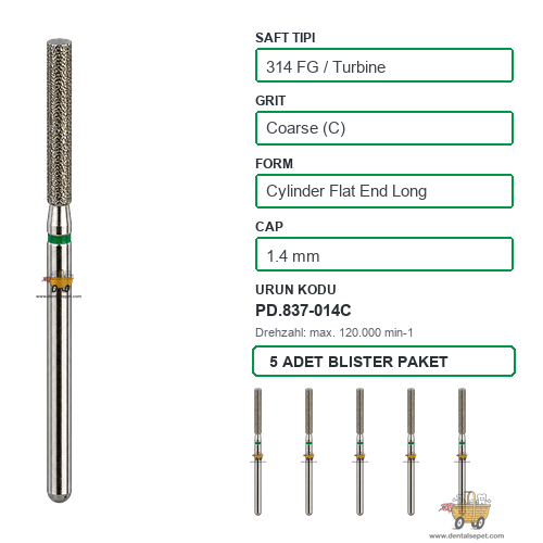 PRIMA DENTAL İngiltere - Aeratör İçin Yeşil Kuşaklı Elmas Uzun Düz Uçlu Silindir Frez 837-014C 1.4 mm 5'li
