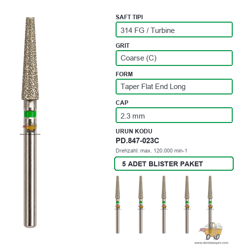 PRIMA DENTAL İngiltere - Aeratör İçin Yeşil Kuşaklı Elmas Uzun Düz Uçlu Konik Frez 847-023C 2.3 mm 5'li