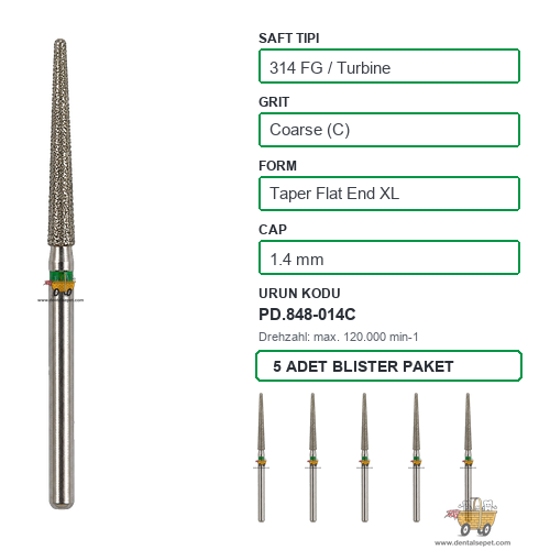 PRIMA DENTAL İngiltere - Aeratör İçin Yeşil Kuşaklı Elmas Ekstra Uzun Düz Uçlu Konik Frez 848-014C 1.4 mm 5'li