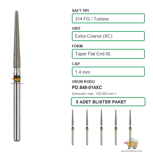 PRIMA DENTAL İngiltere - Aeratör İçin Siyah Kuşaklı Elmas Ekstra Uzun Düz Uçlu Konik Frez 848-014XC 1.4 mm 5'li