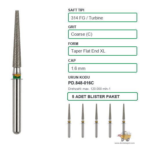 PRIMA DENTAL İngiltere - Aeratör İçin Yeşil Kuşaklı Elmas Ekstra Uzun Düz Uçlu Konik Frez 848-016C 1.6 mm 5'li