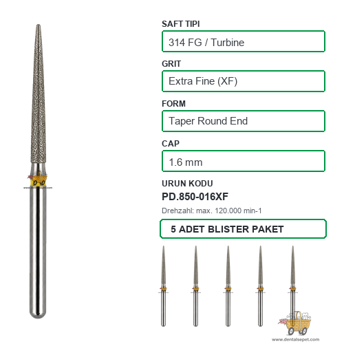 PRIMA DENTAL İngiltere - Aeratör İçin Sarı Kuşaklı Elmas Yuvarlak Uçlu Konik Frez 850-016XF 1.6 mm 5'li