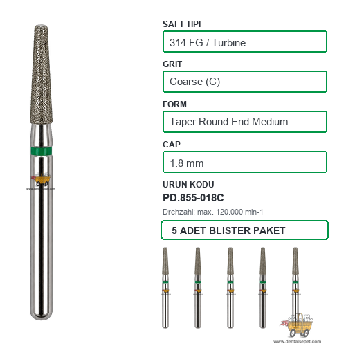 PRIMA DENTAL İngiltere - Aeratör İçin Yeşil Kuşaklı Elmas Orta Boy Yuvarlak Uçlu Konik Frez 855-018C 1.8 mm 5'li