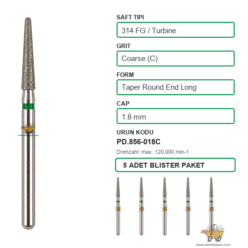 PRIMA DENTAL İngiltere - Aeratör İçin Yeşil Kuşaklı Elmas Uzun Yuvarlak Uçlu Konik Frez 856-018C 1.8 mm 5'li