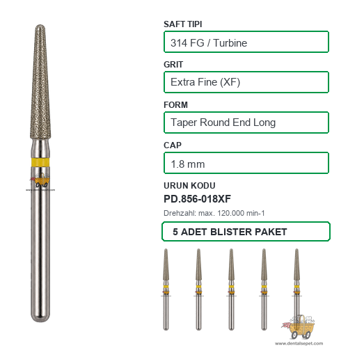 PRIMA DENTAL İngiltere - Aeratör İçin Sarı Kuşaklı Elmas Uzun Yuvarlak Uçlu Konik Frez 856-018XF 1.8 mm 5'li