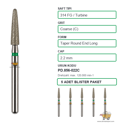 PRIMA DENTAL İngiltere - Aeratör İçin Yeşil Kuşaklı Elmas Uzun Yuvarlak Uçlu Konik Frez 856-022C 2.2 mm 5'li