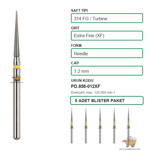 PRIMA DENTAL İngiltere - Aeratör İçin Sarı Kuşaklı Elmas Alev Uçlu Frez 858-012XF 1.2 mm 5'li