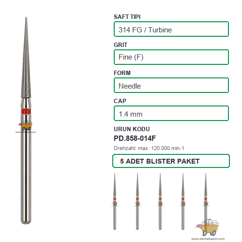 PRIMA DENTAL İngiltere - Aeratör İçin Kırmızı Kuşaklı Elmas Alev Uçlu Frez 858-014F 1.4 mm 5'li