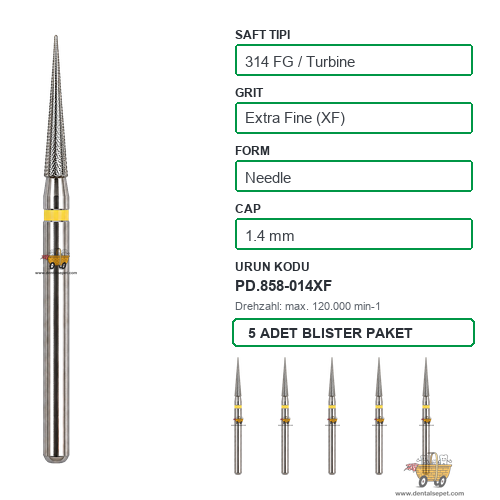 PRIMA DENTAL İngiltere - Aeratör İçin Sarı Kuşaklı Elmas Alev Uçlu Frez 858-014XF 1.4 mm 5'li