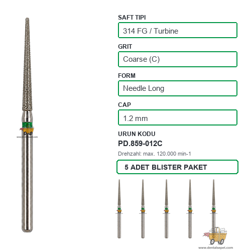 PRIMA DENTAL İngiltere - Aeratör İçin Yeşil Kuşaklı Elmas Uzun Alev Uçlu Frez 859-012C 1.2 mm 5'li