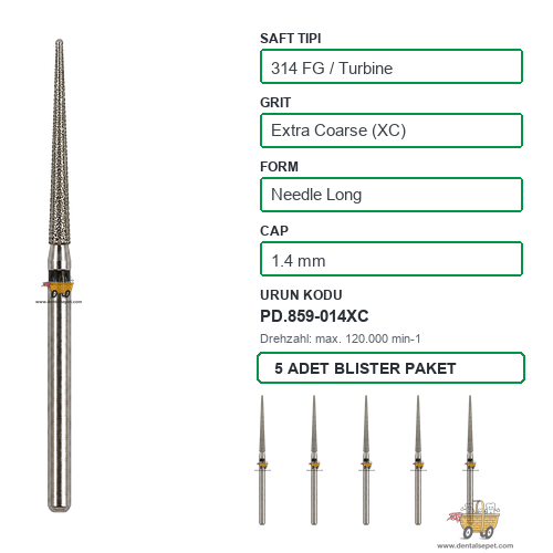 PRIMA DENTAL İngiltere - Aeratör İçin Siyah Kuşaklı Elmas Uzun Alev Uçlu Frez 859-014XC 1.4 mm 5'li