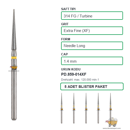 PRIMA DENTAL İngiltere - Aeratör İçin Sarı Kuşaklı Elmas Uzun Alev Uçlu Frez 859-014XF 1.4 mm 5'li