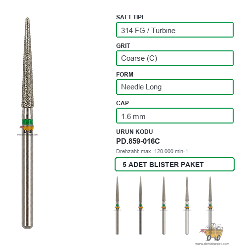 PRIMA DENTAL İngiltere - Aeratör İçin Yeşil Kuşaklı Elmas Uzun Alev Uçlu Frez 859-016C 1.6 mm 5'li