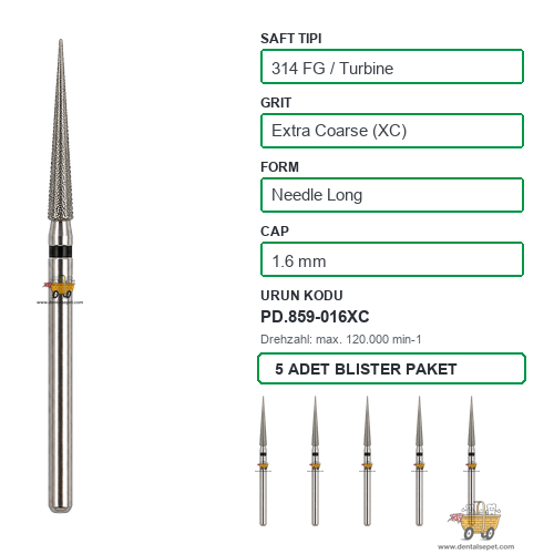 PRIMA DENTAL İngiltere - Aeratör İçin Siyah Kuşaklı Elmas Uzun Alev Uçlu Frez 859-016XC 1.6 mm 5'li