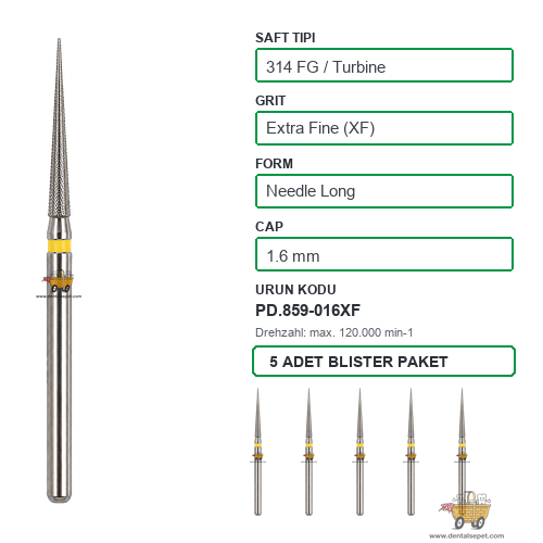 PRIMA DENTAL İngiltere - Aeratör İçin Sarı Kuşaklı Elmas Uzun Alev Uçlu Frez 859-016XF 1.6 mm 5'li